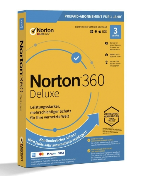 Symantec Norton 360 Deluxe, kopia zapasowa w chmurze 25 GB, 1 urządzenie 3 użytkownika, roczna licencja 12 MO, pobieranie